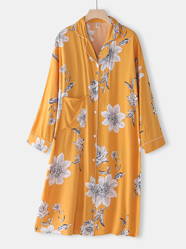 

Women Floral Print Revere Collar Long Sleeve Shirt Nightdress With Contrast Binding