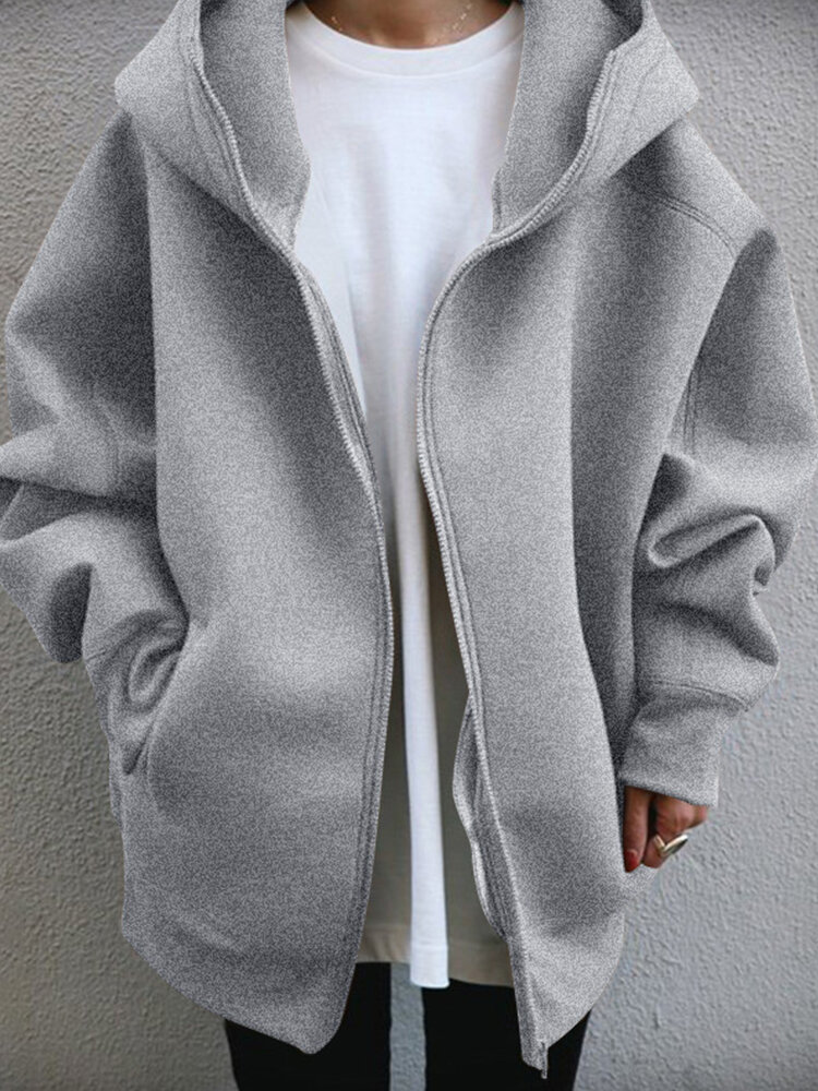 Women’s Hooded Loose Solid Simple Casual Thin Hoodie with Front Zipper