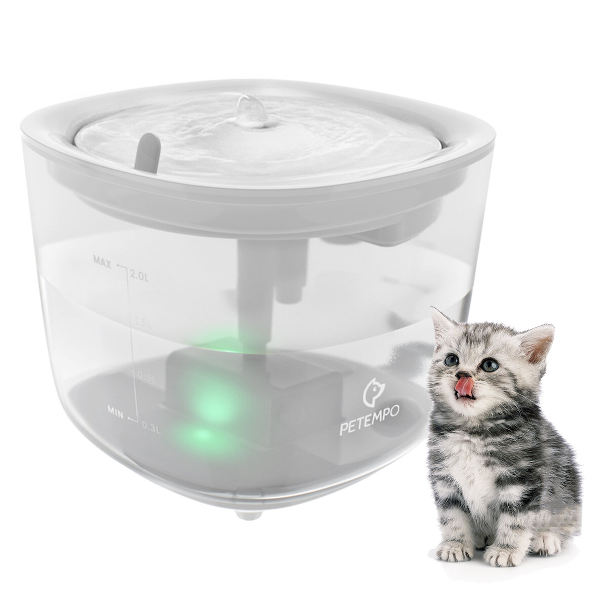 PETEMPO Katze Trinkbrunnen, kabellos Katze Trinkbrunnen mit LED Licht, 2 l, ultraleise Katze Wasserspender, automatisch