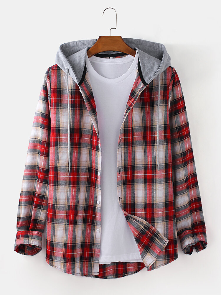 

Mens Plaid Curved Hem Long Sleeve Relaxed Fit Drawstring Hooded Shirts