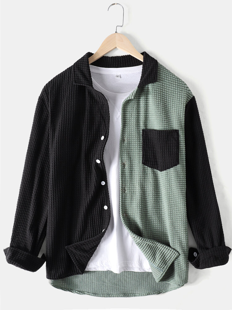 Banggood Diseño Camisas de manga larga con solapa de pana con bloques de color para hombre