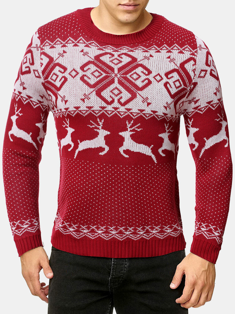 

Mens Christmas Style Elk Graphics Round Neck Long Sleeve Warm Knitted Sweaters