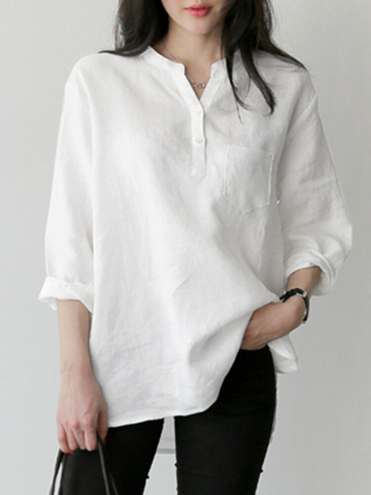

Solid Notch Neck Pocket Long Sleeve Casual Blouse