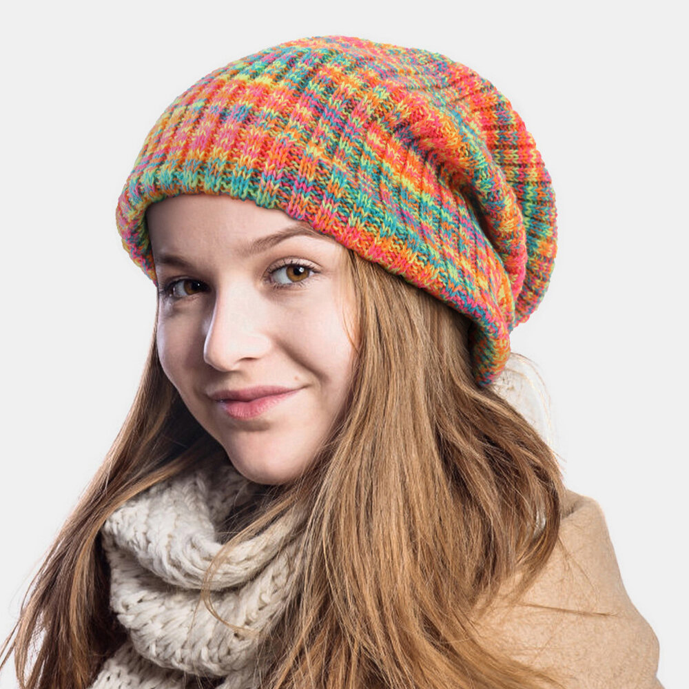 Unisex Woolen Mixed Rainbow Color Stripes Pattern Plus Velvet Thick Warm Couple Hat Beanie Knitted H