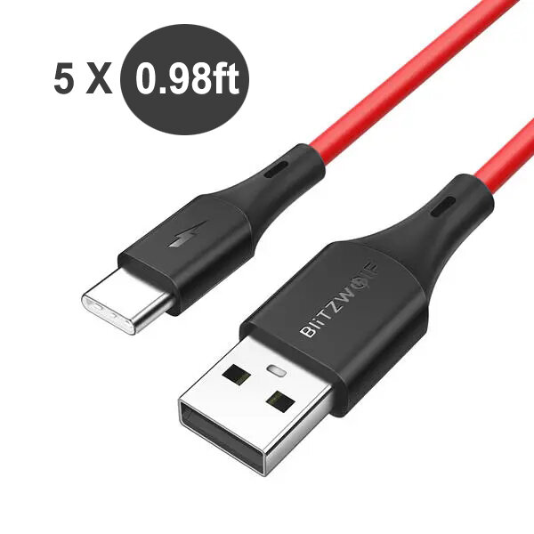 

[5 Pack] BlitzWolf® BW-TC13 3A USB Type-C Charging Data Cable 0.98ft/0.3m For Oneplus 8 Pro Mi10 Note 9S- Red