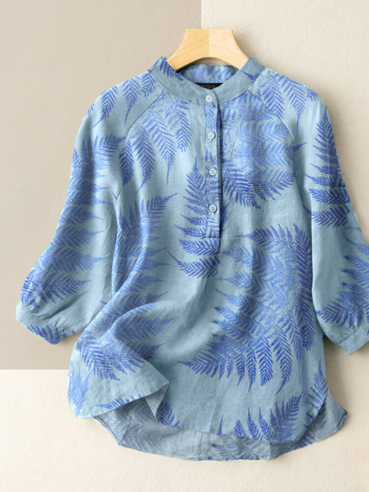 Leaves Print Stand Collar Button 3/4 Sleeve Blouse For Women