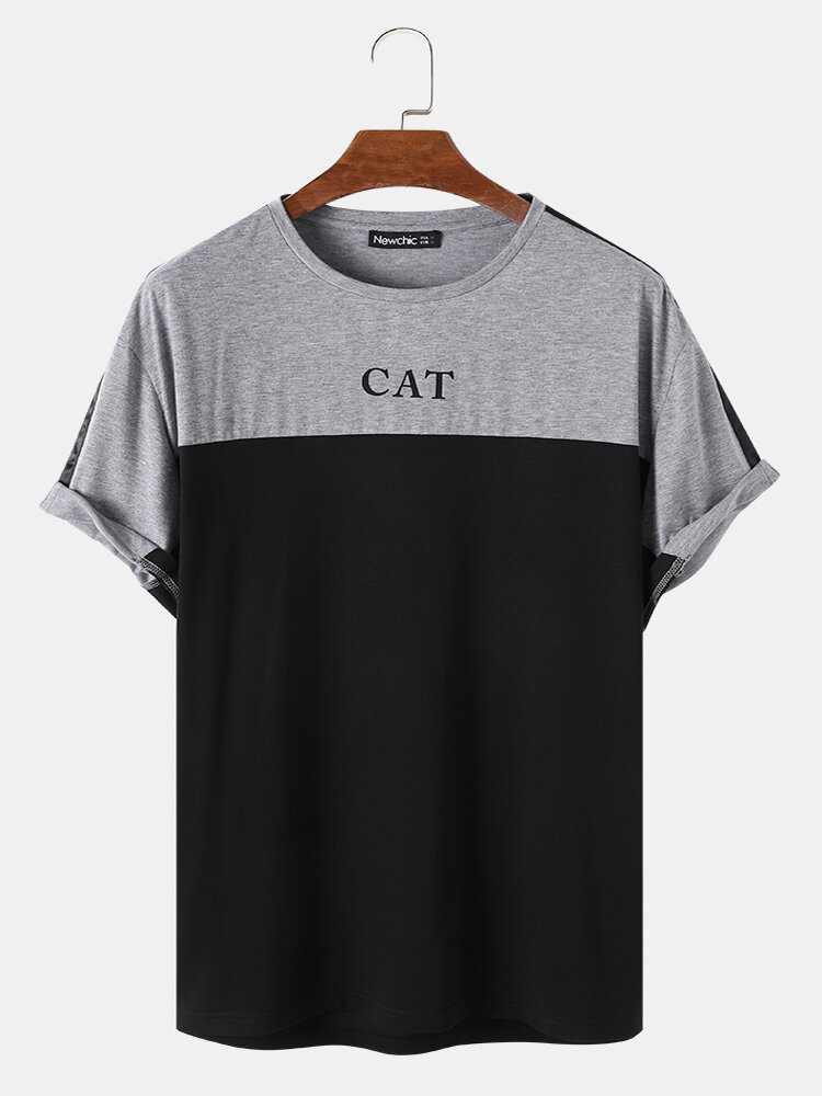 

Plus Size Mens CAT Letter Print Patchwork Round Neck Short Sleeve Preppy T-Shirts