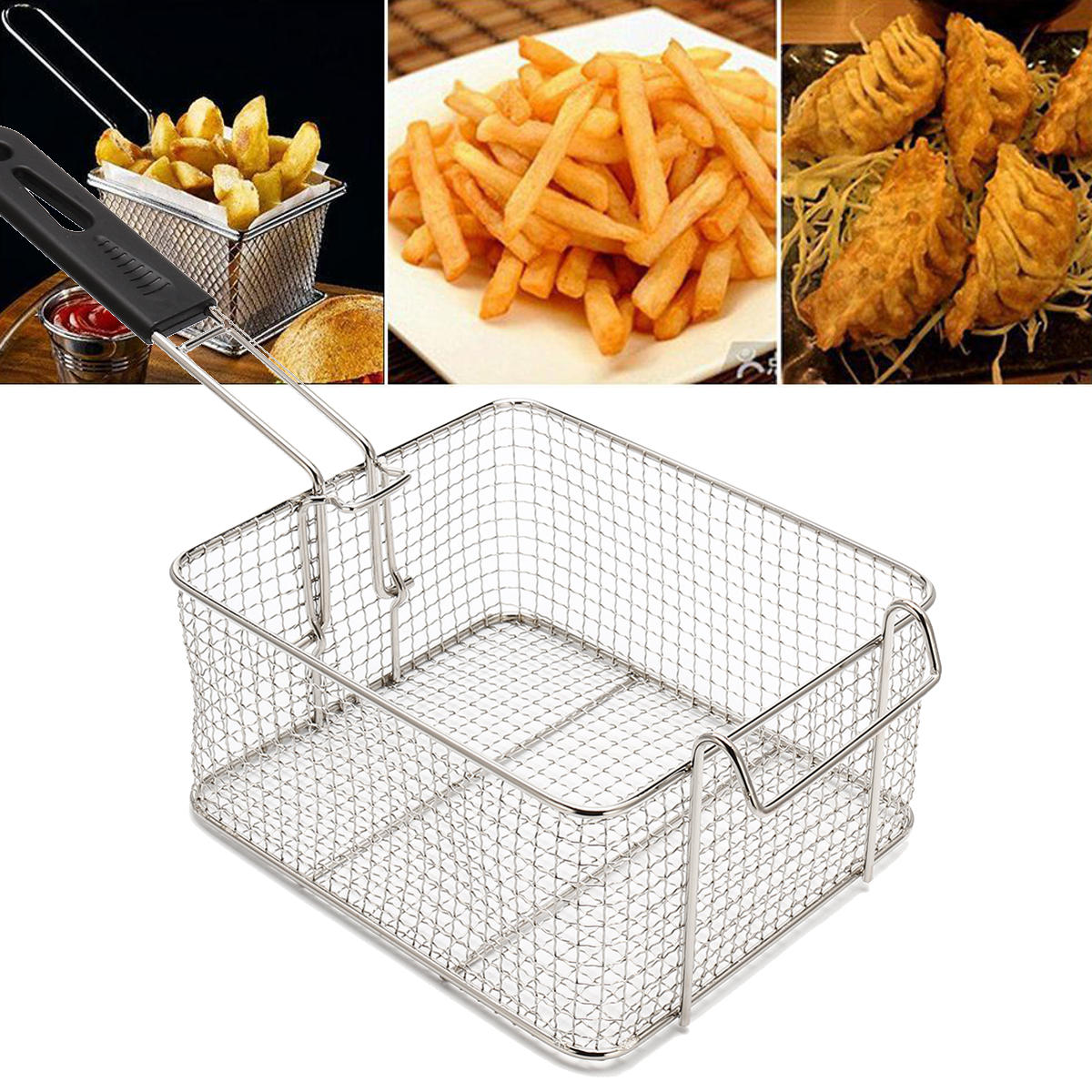 Camping Picnic BBQ Stainless Steel Chip Fish Fat Frying Deep Fryer Net Storage Baskets  