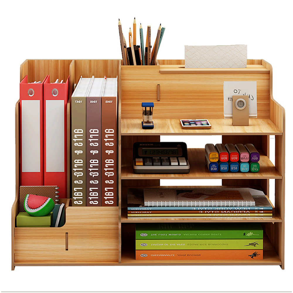 

Multi-function Desktop Organizer Office Storage Rack Adjustable Wood Display Shelf Tissue Holder Bookshelf