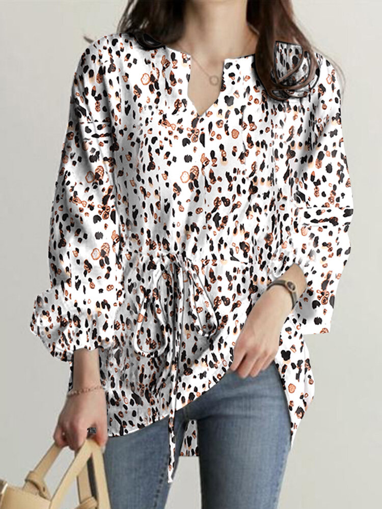 Women Leopard Printed V-Neck Flare Sleeve Elastic Cuff Drawstring Waist Shirts, ZANZEA  - buy with discount
