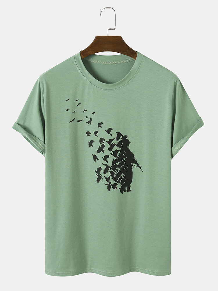 Men Cotton Figure & Bird Print Metaphor All Matched Skin Friendly Crew Neck T-Shirts