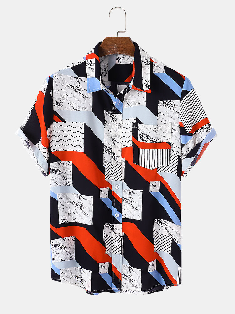 

Mens Geometry Print Lapel Short Sleeve Holiday Casual Shirts