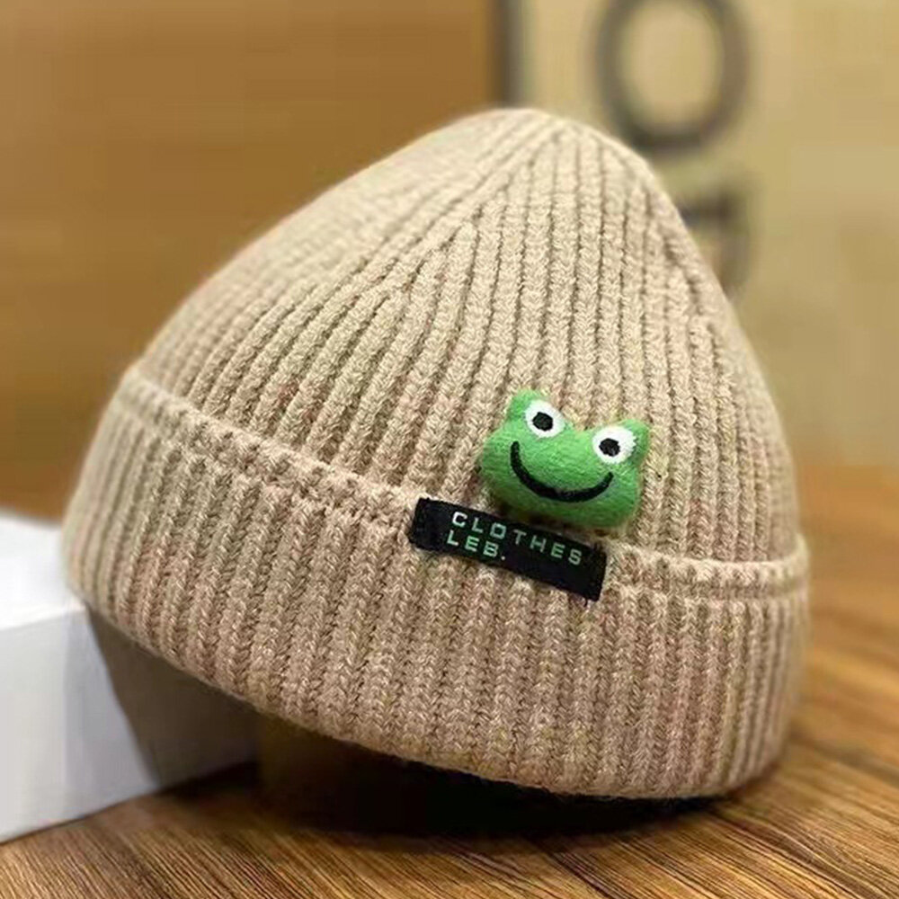 Unisex Beanie Hats Cartoon Frog Doll Decoration Letter Patch Landlord Cap Skull Cap Knitted Hat