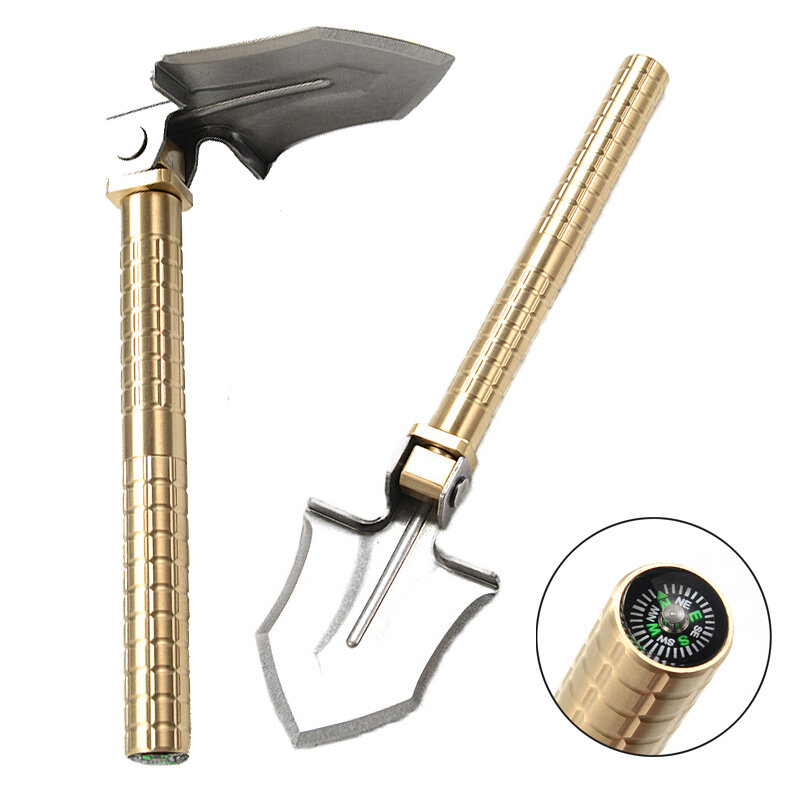 Military Portable Folding Brass Shovel With Compass Multifunction Hoe Trowel Spade Knife Tools for Garden Outdoor Camping Survival