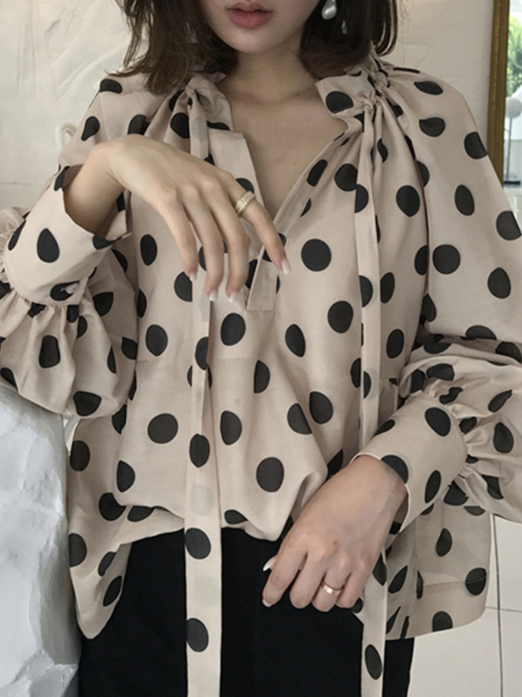 Polka Dots Printing Lantern Sleeve Neckline Bow Tie Casual Blouse For Women