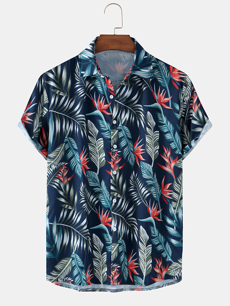 

Тропические листья печати с коротким рукавом воротник с лацканами Гавайи повседневные рубашки для мужчин