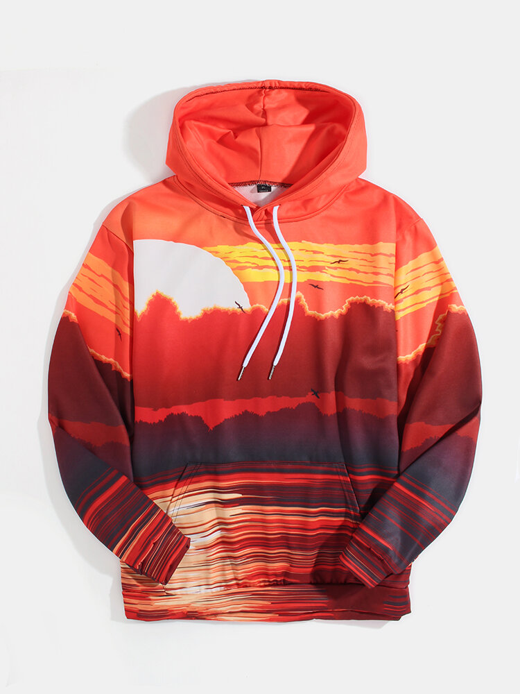 Heren hoodies met lange mouwen, Sunset Lake, landschap en print