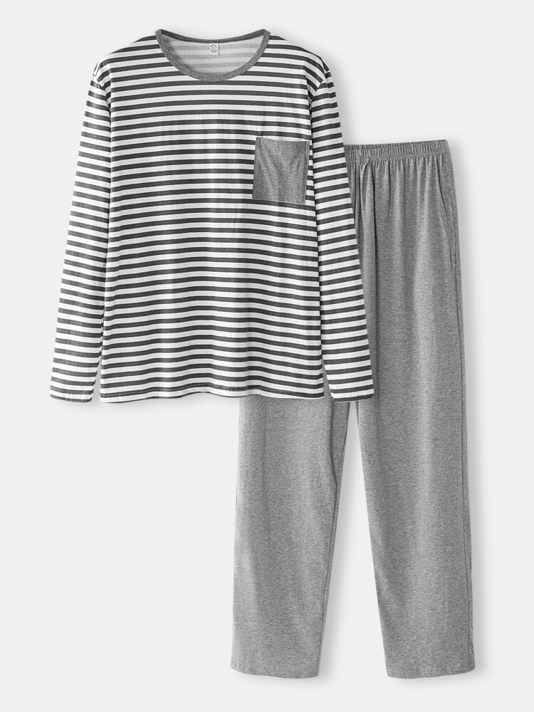 

Mens 100% Cotton Brief Style Striped Print Round Neck Home Comfy Pajamas Set With Pocket