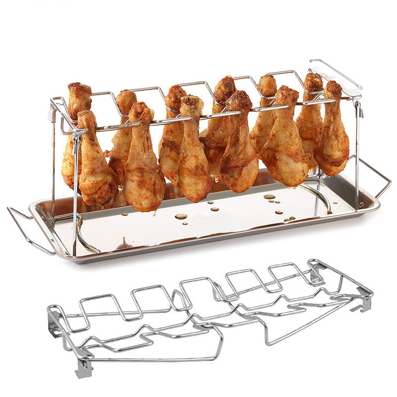 BBQ Grill Rack Beef Chicken Leg Wing Smoker Oven Roaster Stand 14 Slots Stainless Steel Barbecue Drumsticks Holder with Drip Pan Camping Picnic