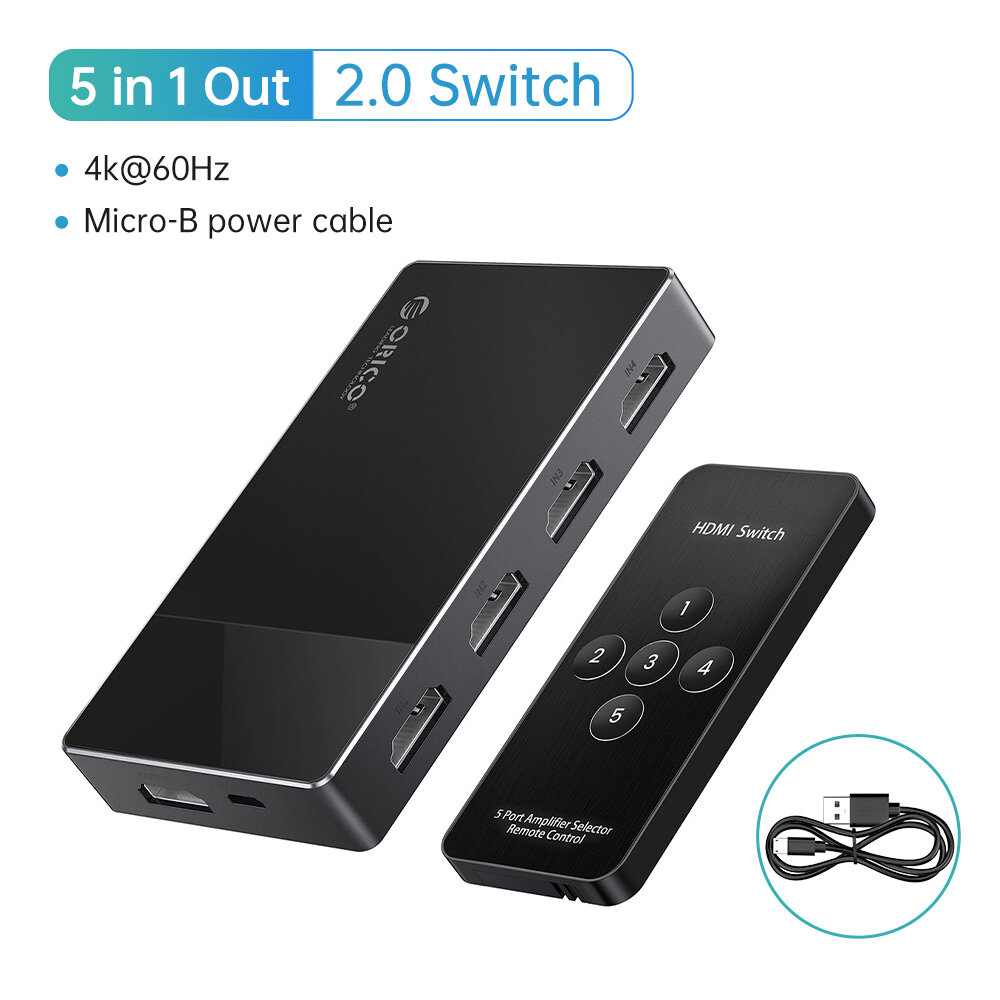 

ORICO HDMI-compatible 2.0 Switch 5 In 1 Out 4k@60HZ Switcher Converter for TV PS5 Xbox PC Fire Stick With IR Remote Cont