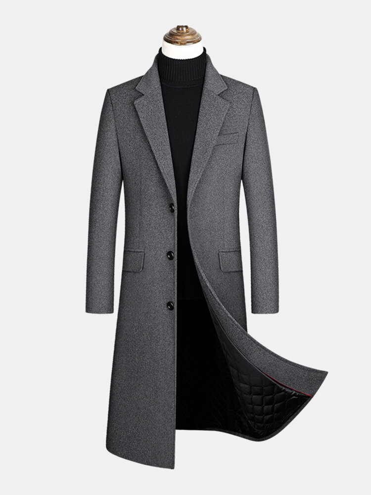 Mens Woolen Single-Breasted Flat Collar Casual Long Trench Coats With Flap Pocket