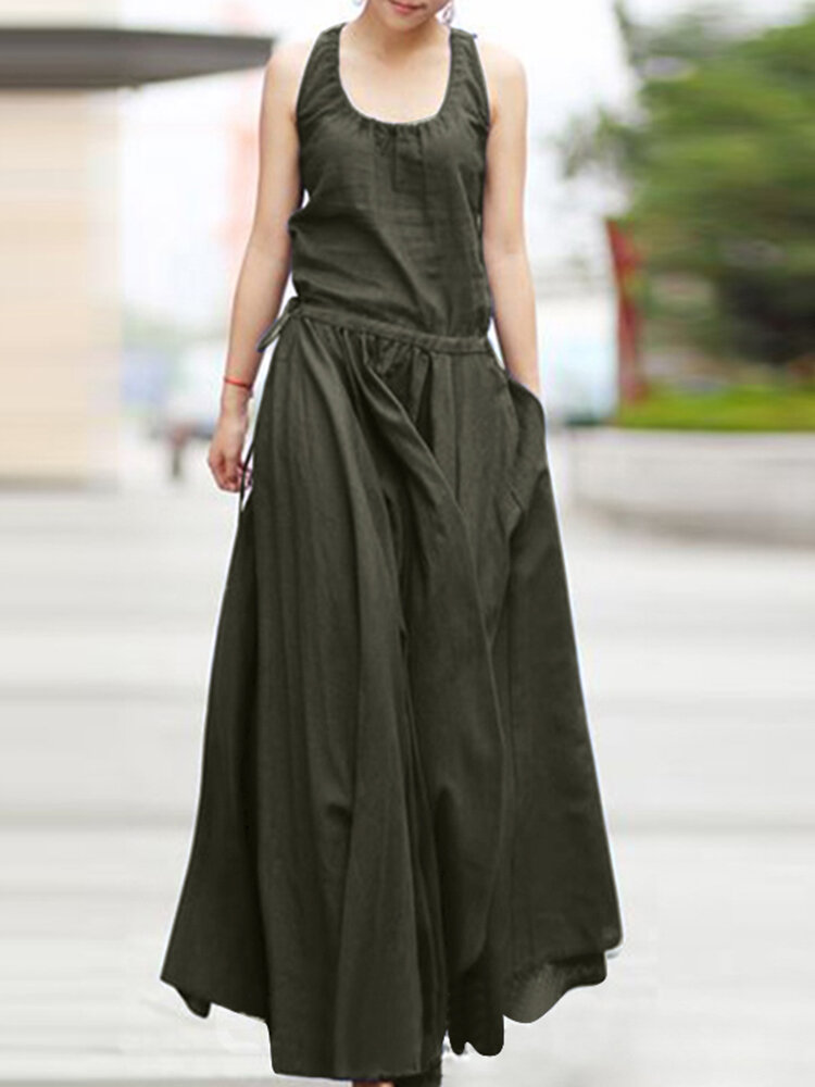 Solid Drawstring Ruched Sleeveless Casual Maxi Dress