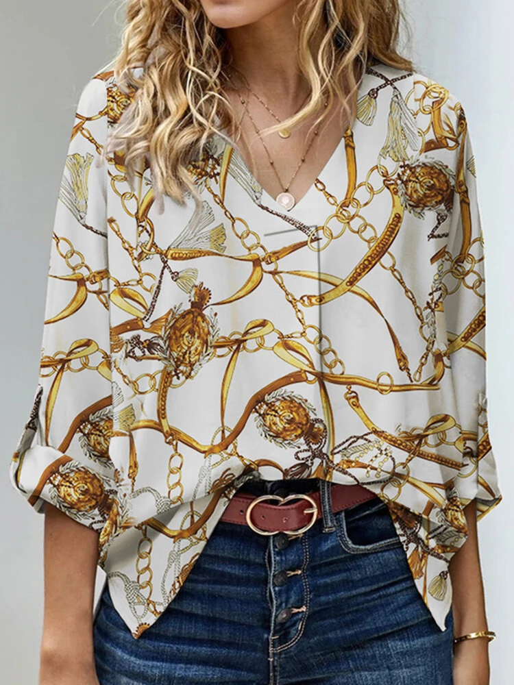 Chain print long sleeve v-neck blouse for women