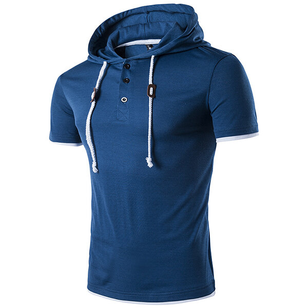 Summer mens casual hooded rope t-shirt pure color short sleeve sweater ...