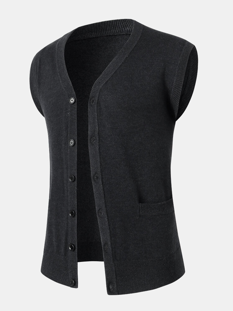 

Mens Solid Color V-Neck Button Front Knit Woolen Casual Sleevless Vests