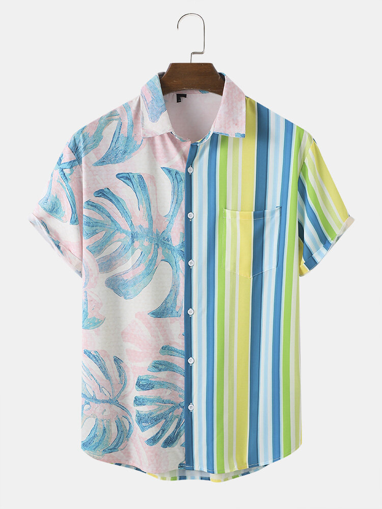 Men Tropical Leaf & Striped Print Two Tone Lifeful Single Pocket Soft Breathable Shirts