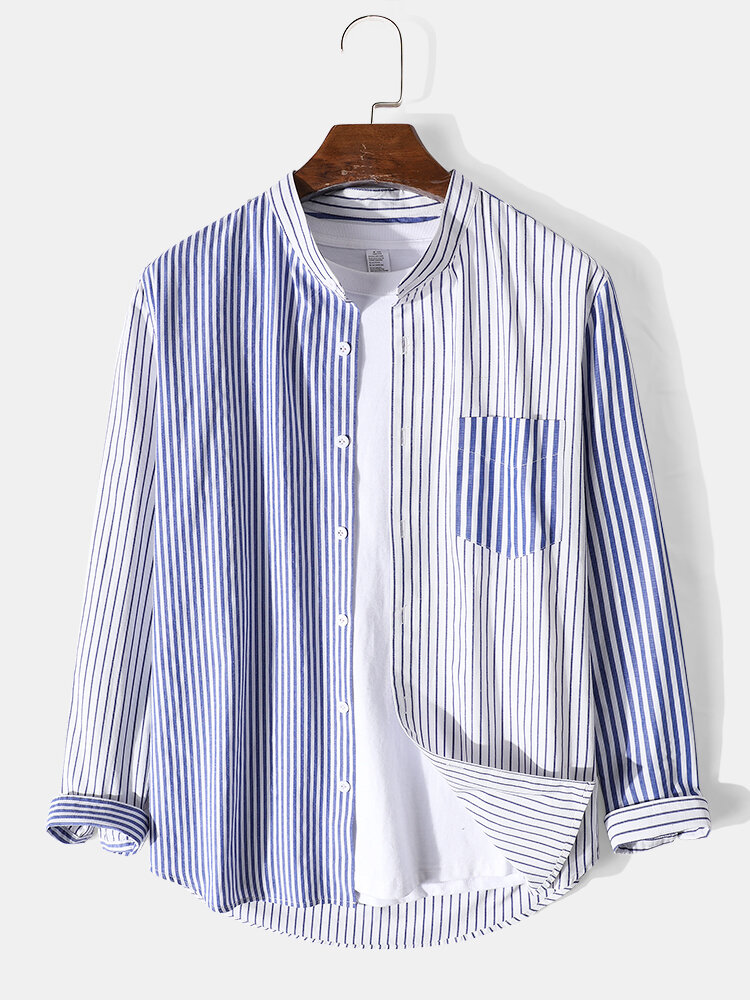 

Mens Pinstripe Patchwork Stand Collar Casual Cotton Long Sleeve Shirts