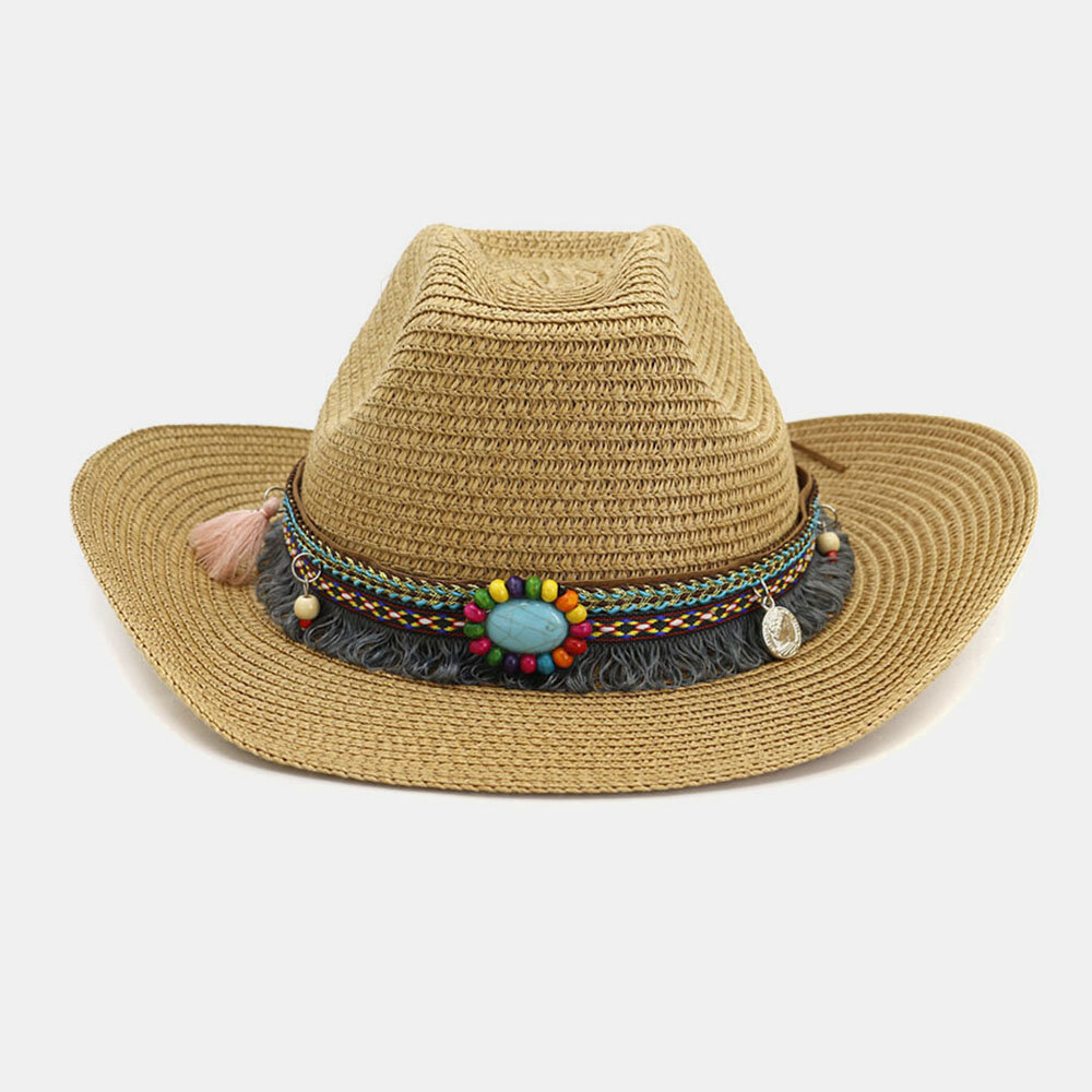 Unisex Sunscreen Travel Beach Sun Hat Western Cowboy Ethnic Style Seaside Straw Hat