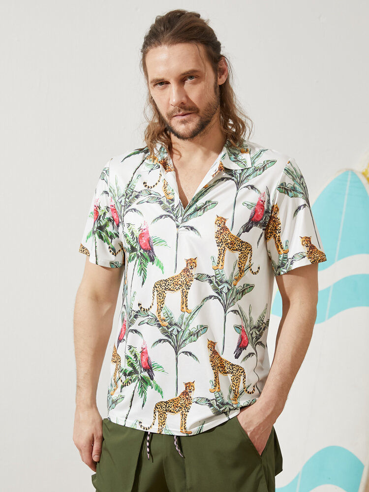 Men Leopard & Parrot Print Hem Cuff Graceful Elegant Breathable Polos Shirts