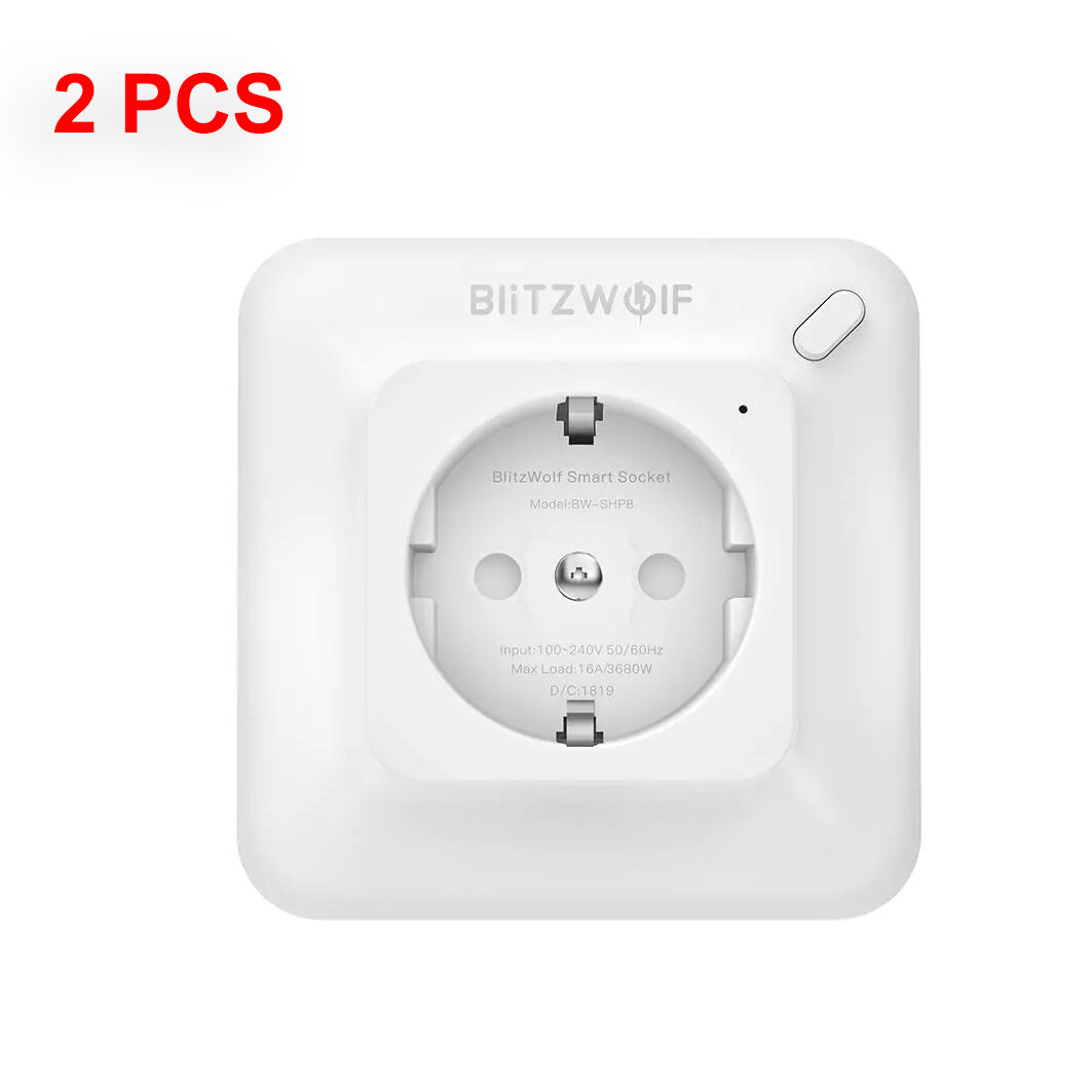 

[2 PCS] BlitzWolf® BW-SHP8 3680W 16A Smart WIFI Wall Outlet EU Plug Socket Timer Remote Control Power Monitor Work with