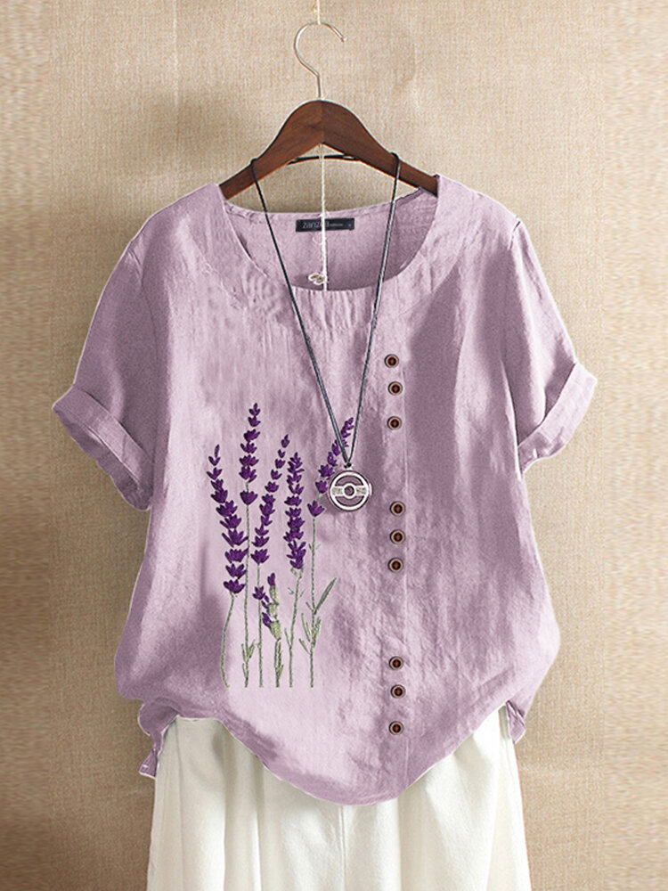 Broderie florale O-cou manches courtes bouton T-shirts vintage pour les femmes