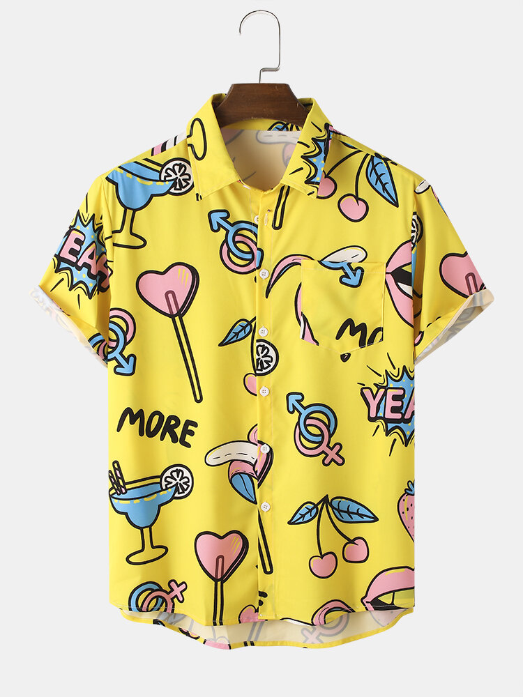 Cartoon voor heren Colorful Fruitprint revers vakantie-shirts met korte mouwen