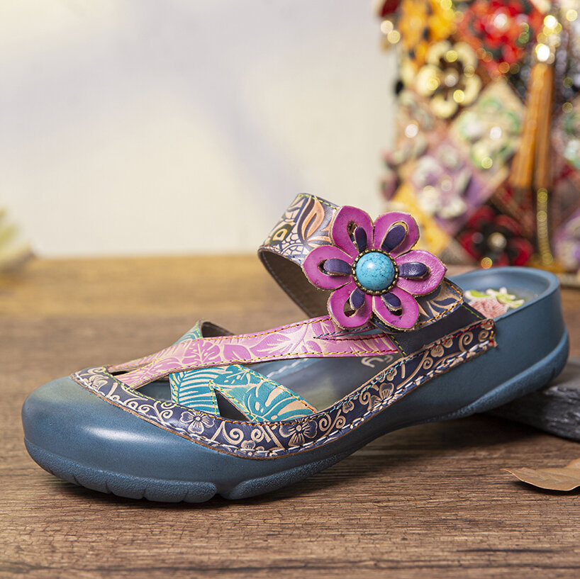 

SOCOFY Handmade Leather Beaded Floral Adjustable Strap Slip-on Mules Flat Slides Sandals