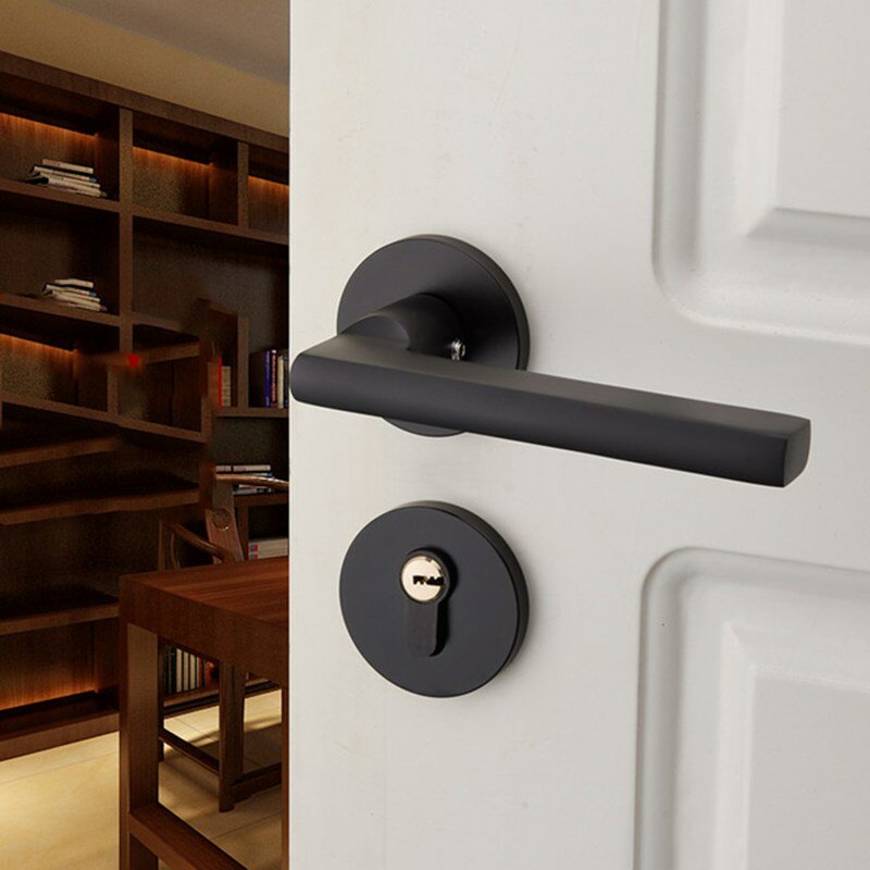 Matte Black Aluminum Door Lock Mechanical Interior Door Handle Cylinder Lock Lever Latch Home Security Mute Locker With