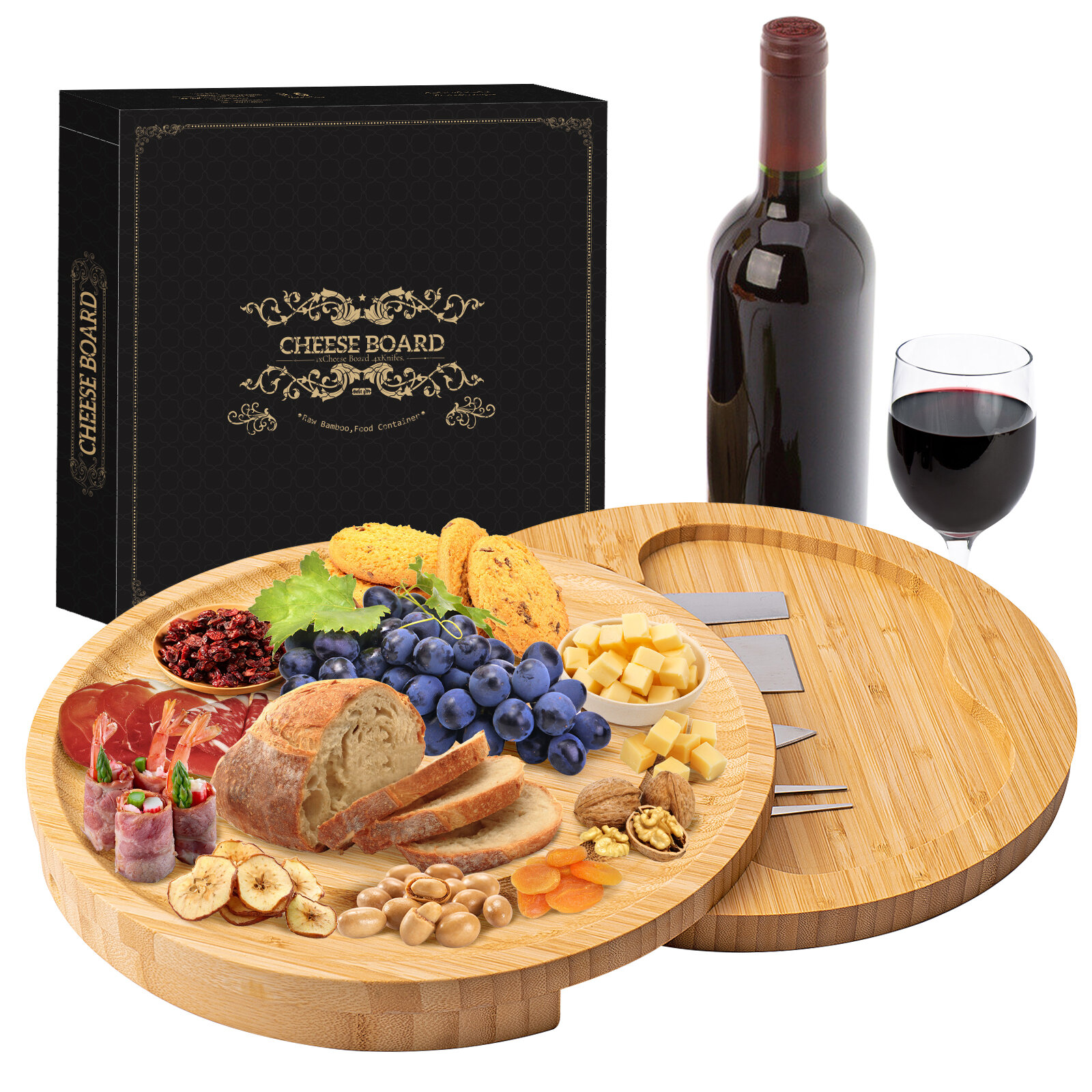 Cheese Cutting Board and Knife Set, Snack Tray Included 4 Stainless Steel Knife Personalized Tray for Meat Wine & Cheese Bamboo Serving Tray for Entertaining and Serving