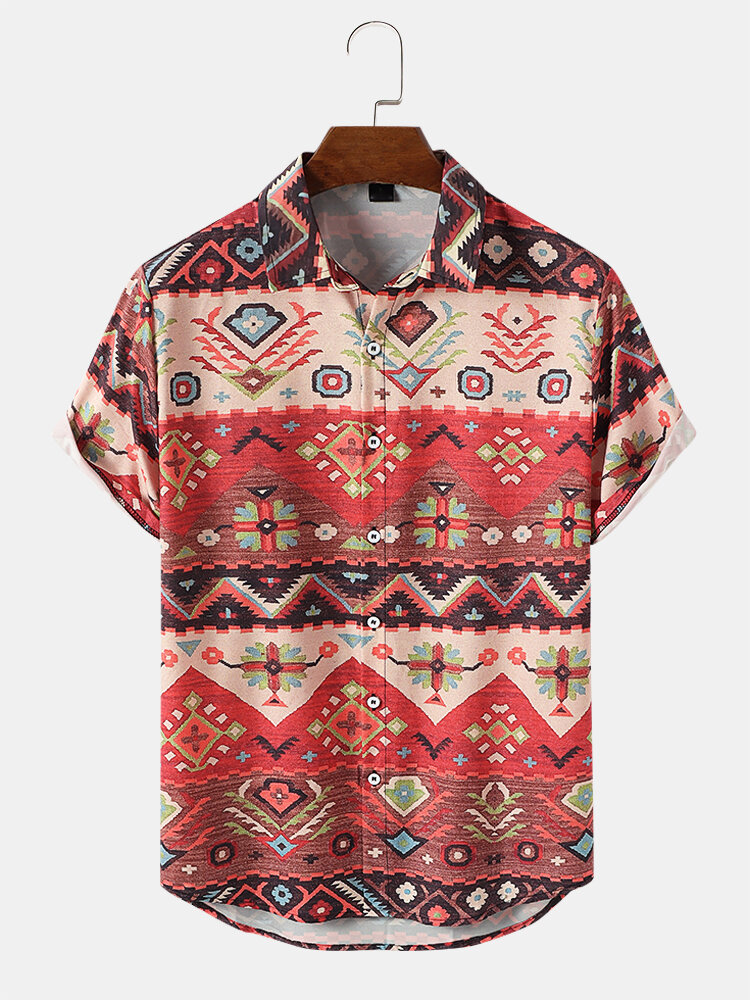 Mens Ethnic Spliced Print Short Sleeve All Matched Shirts