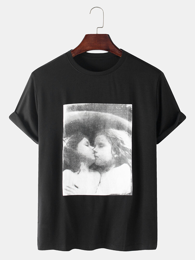 100 Cotton Figure Print Vintage Style Black Short Sleeve T Shirts