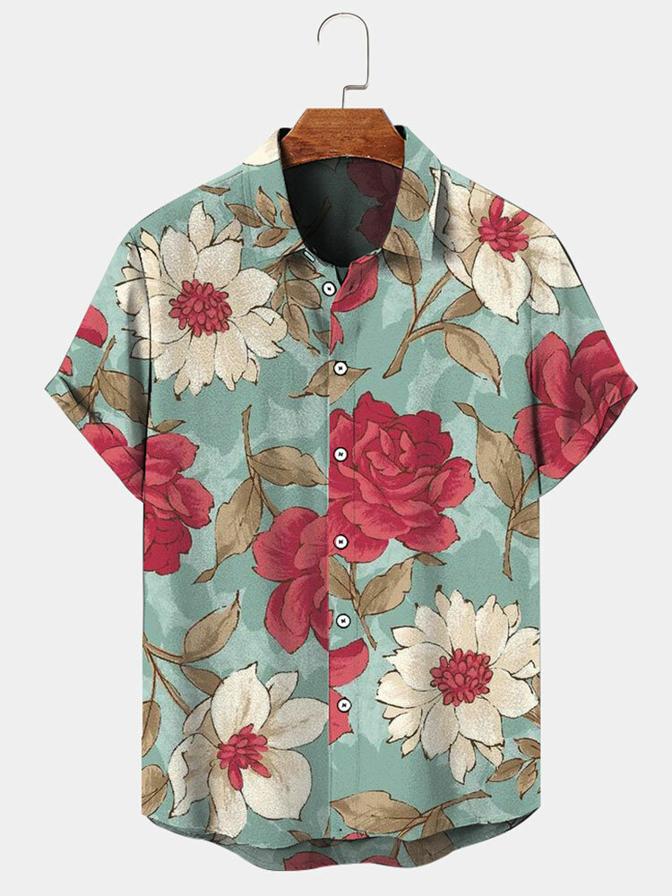 

Mens Allover Floral Print Lapel Hawaiian Vacation Short Sleeve Shirts
