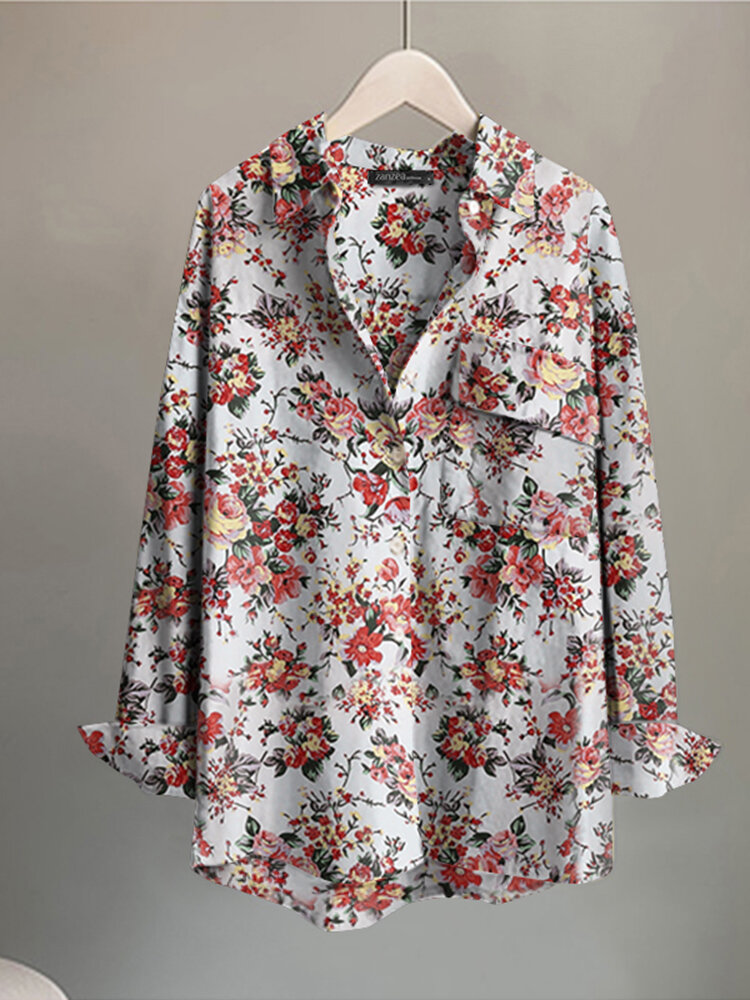 Flower Print Pocket Button Long Sleeve Shirt