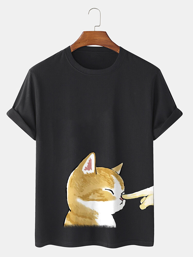 Mens Cute Cat Graphic Crew Neck Cotton Short Sleeve T-Shirts