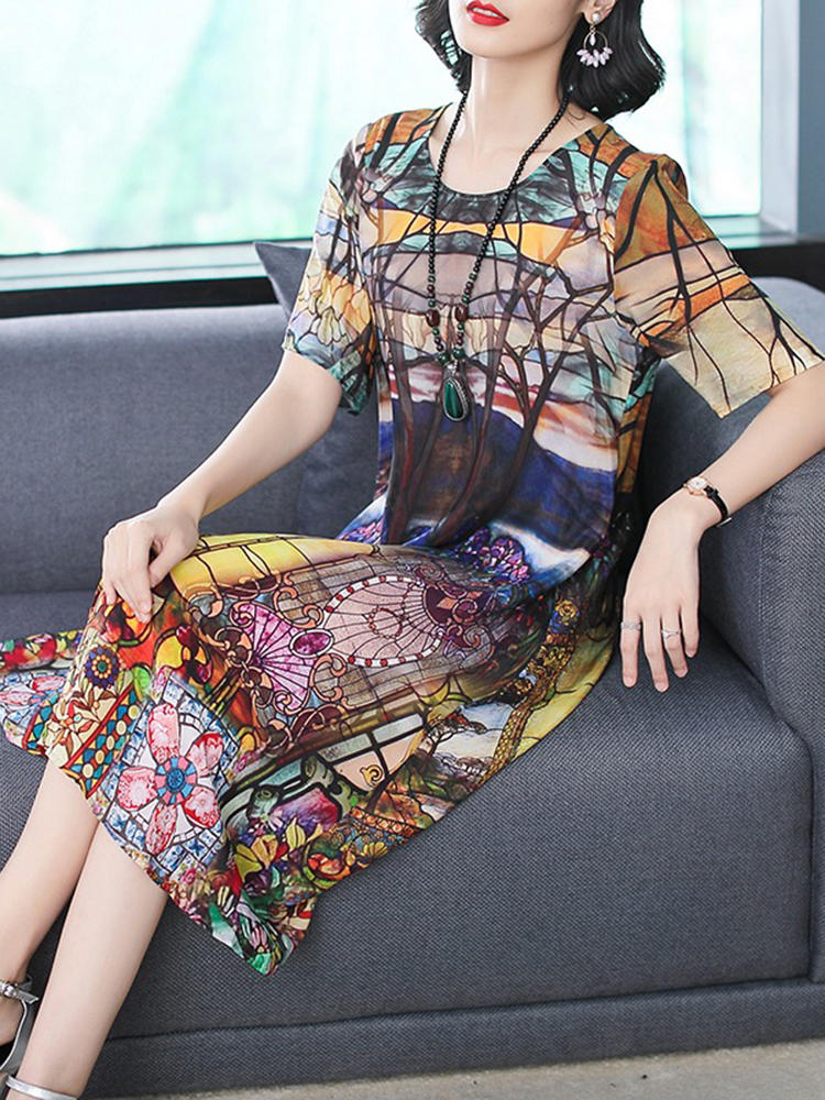elegant women floral print crew neck short sleeve dress at Banggood
