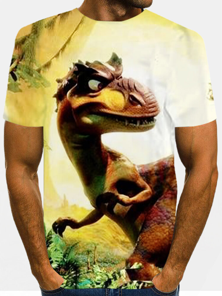 Mens 3D Cartoon Dinosaur Print Round Neck Casual Short Sleeve T-Shirts