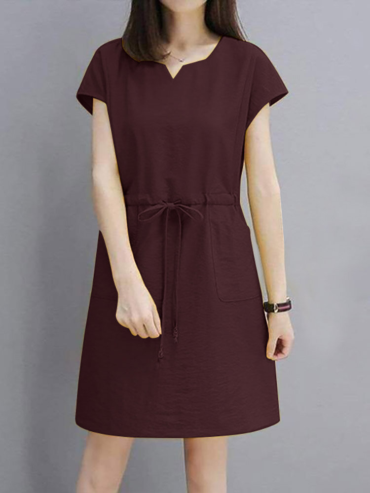 

Solid Drawstring Waist Pocket Short Sleeve Casual Dress