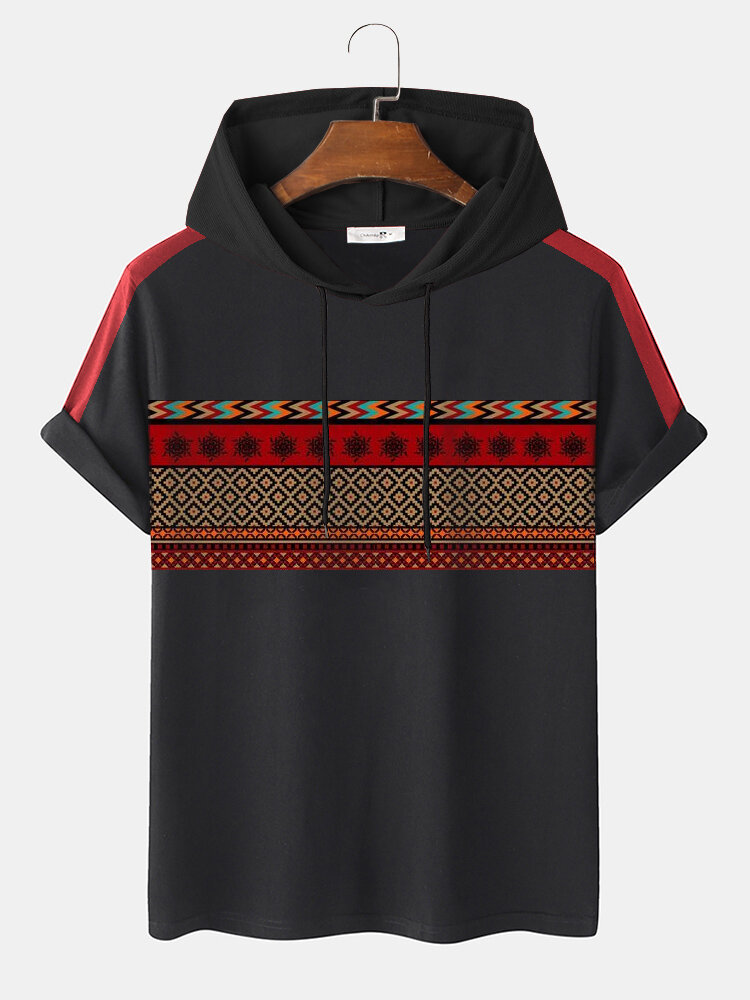 Mens Ethnic Geometric Print Side Stripe Short Sleeve Hooded T-Shirts