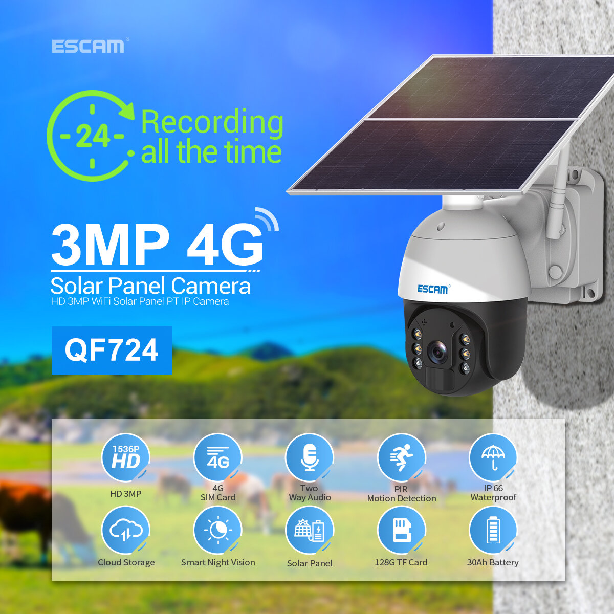 ESCAM QF724 3MP 24 uur opname Cloud Storage PT 4G Batterij PIR Alarm IP-camera met zonnepaneel Full 