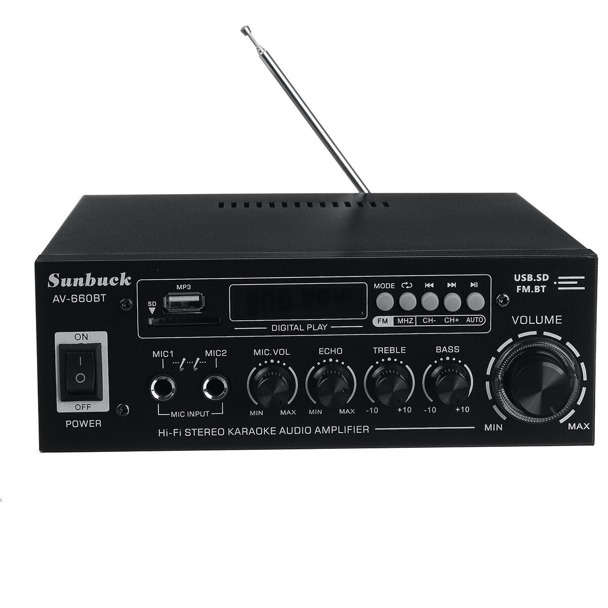 Sunbuck AV-660BT 2000W Bluetooth 5.0 Amplificador de potência de áudio EQ estéreo AMP Car Home 2CH AUX USB Rádio FM
